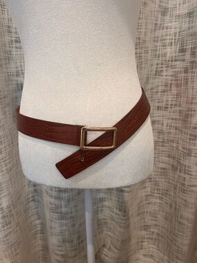 Brown Gold Square Buckle Leather Belt SMALL Crocodile Lizard Embossed